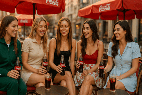 Grupa ładnych, młodych kobiet, ubranych różnie, pije Coca-Colę na tarasie.