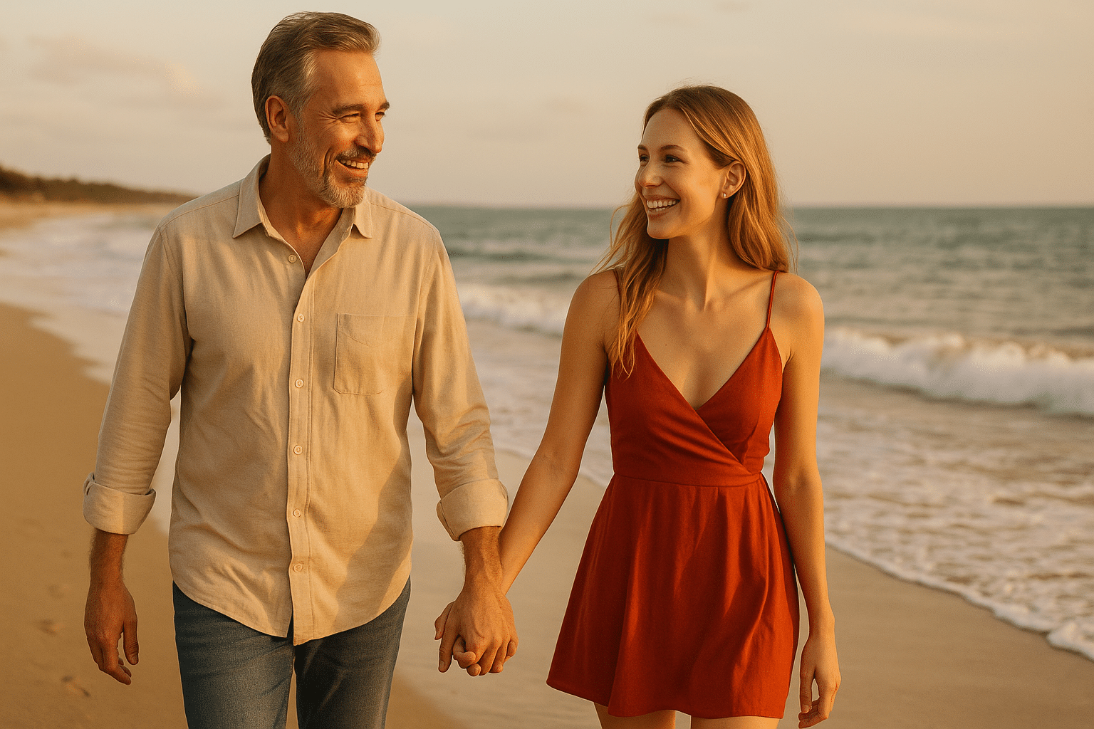 Dojrzały mężczyzna i młoda kobieta spacerują po plaży, trzymając się za ręce jak para.