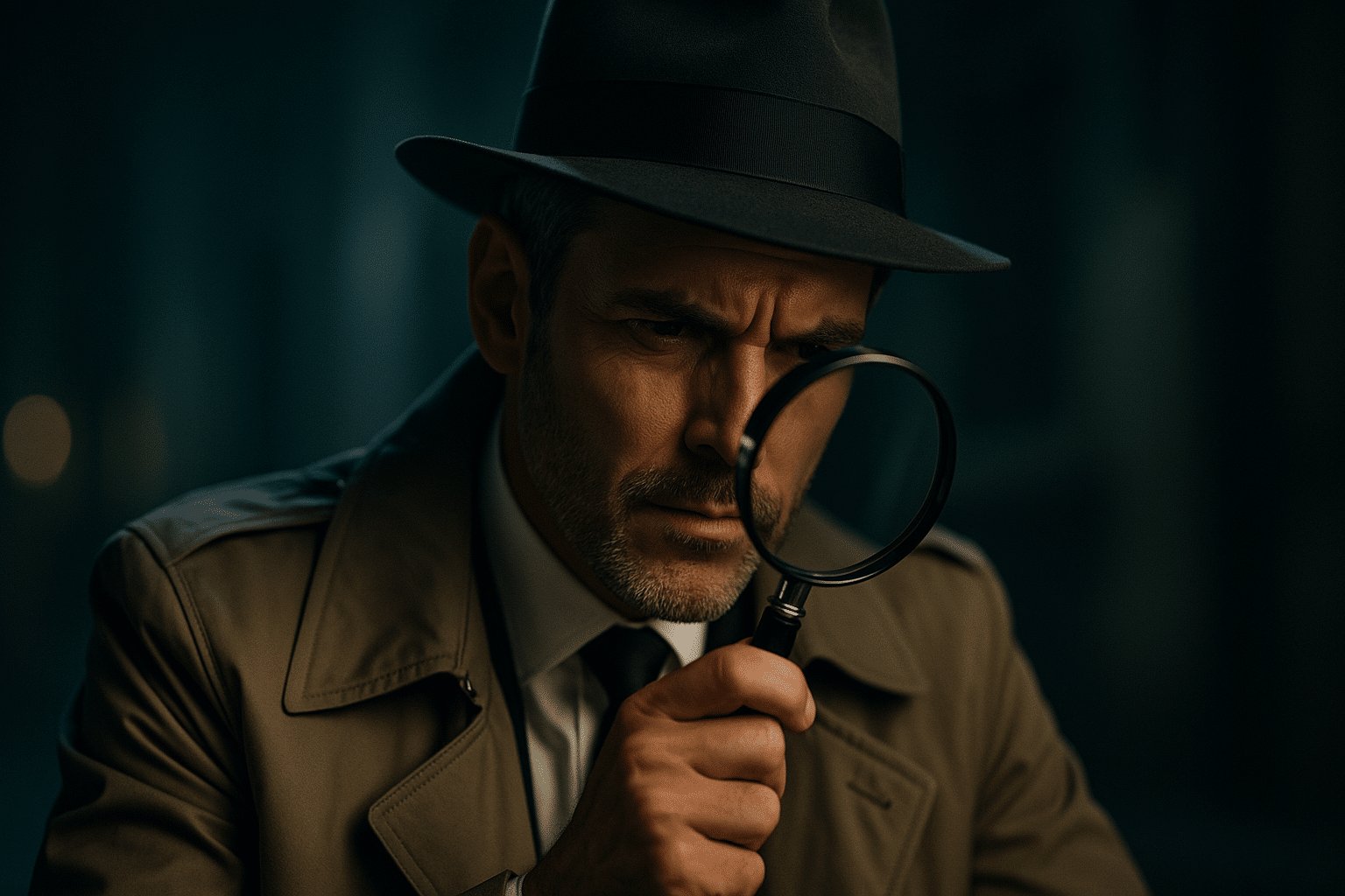 Prywatny detektyw spogląda przez lupę; wydaje się, że nie ufa.