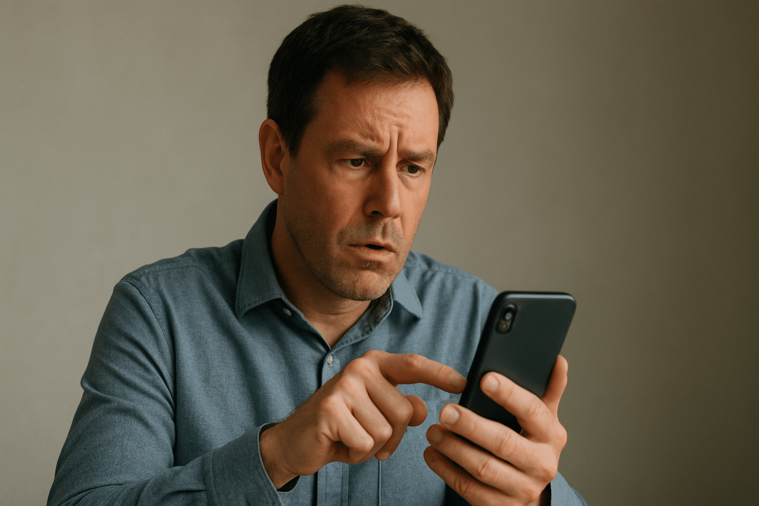 Niespokojny mężczyzna bez przerwy dotyka telefonu, wygląda na zaniepokojonego.