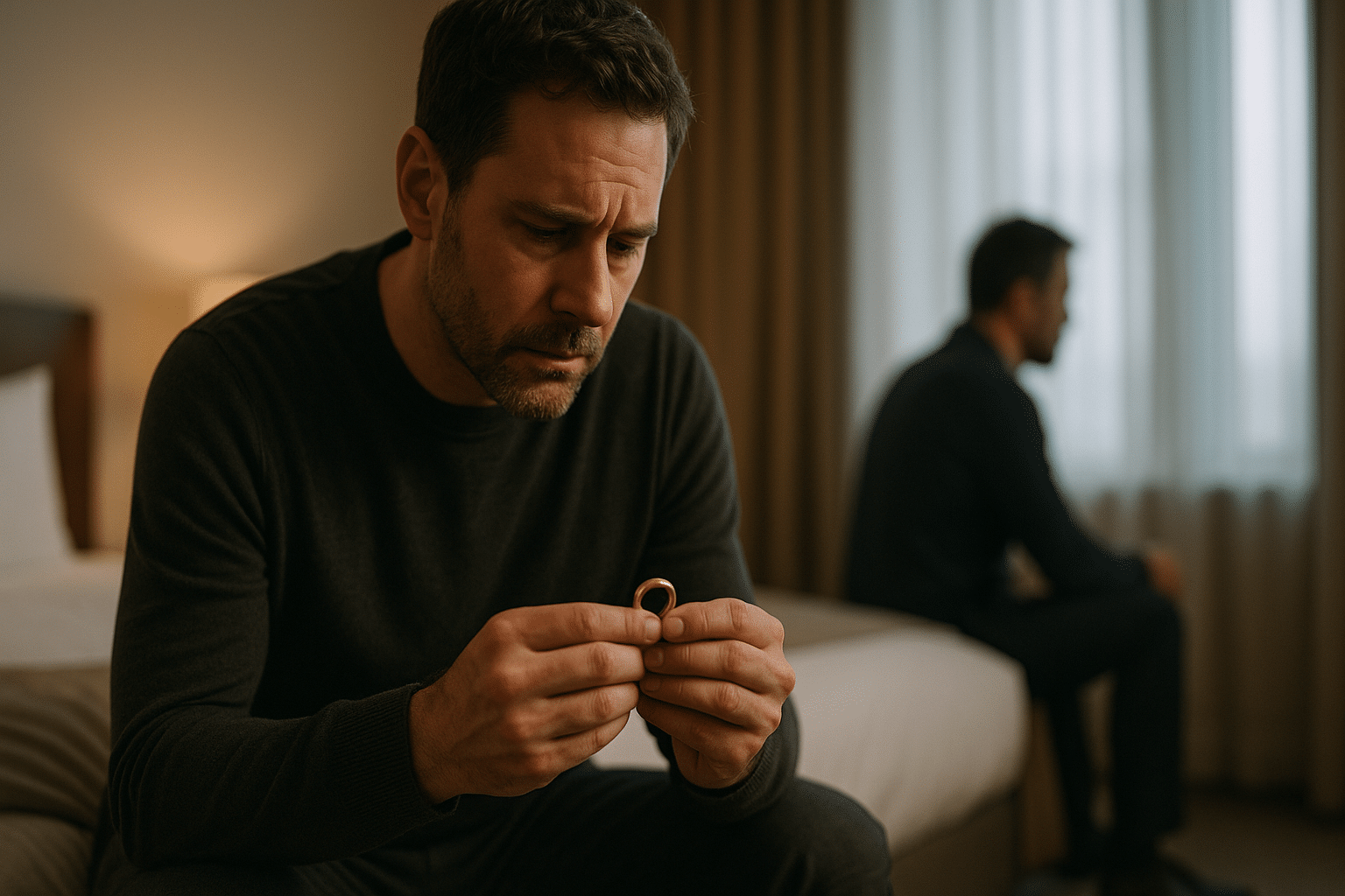 Rozwiedziony mężczyzna patrzy na obrączkę, wygląda na to, że jest sam w hotelu.