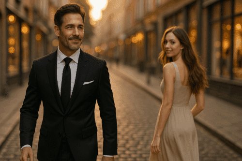 Elegancki mężczyzna idzie ulicą, a piękna kobieta odwraca się, żeby na niego spojrzeć.