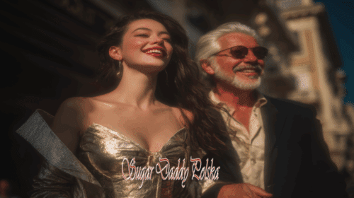 Kobieta-sugar baby i mężczyzna-sugar daddy śmieją się w chmurnej aurze, jak we śnie, wydają się bardzo podekscytowani, są rozkoszni.