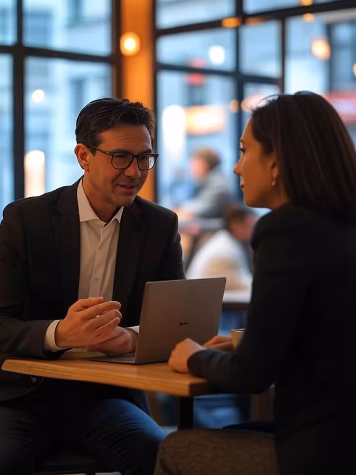 Elegant coffee meeting in Warsaw cafe, two people discussing over laptop, Nowy Swiat street ambiance