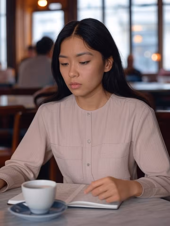 Young professional woman planning finances in Krakow historic cafe, contemplative expression, notebo