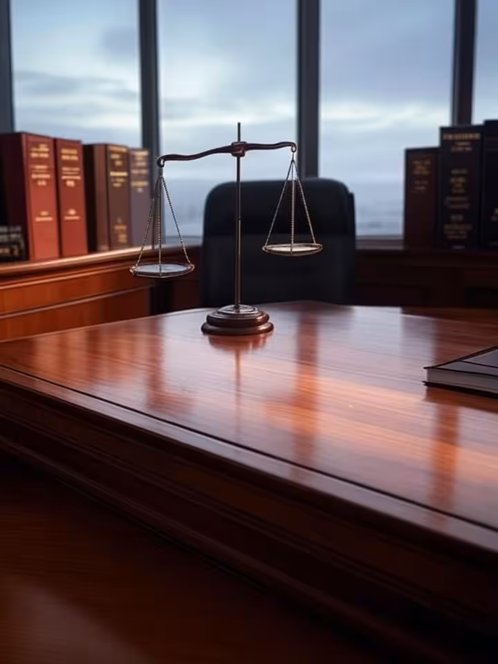 Legal scales of justice on polished wooden desk with Polish law books and constitution, dramatic sid