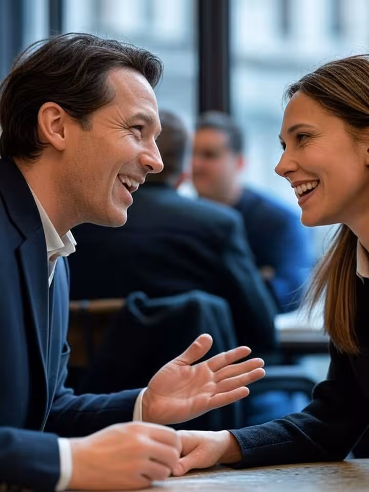 Two people engaged in animated conversation at upscale cafe, active listening body language, genuine