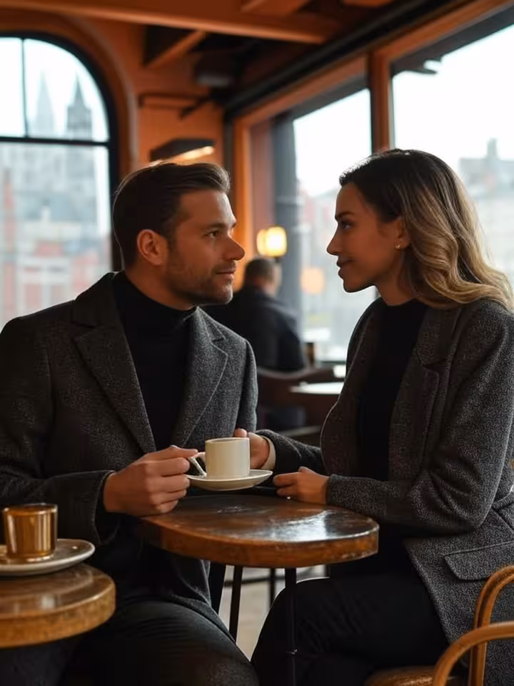 Sophisticated couple having coffee in stylish Gdansk cafe with Gothic architecture visible through w