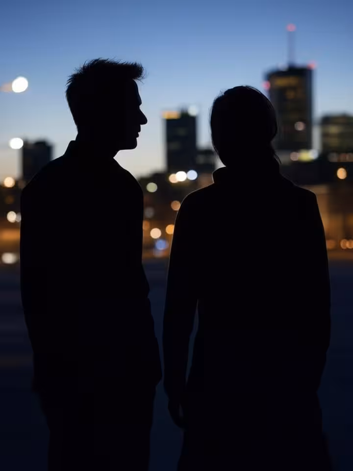 Privacy and discretion symbol, silhouette figures in Warsaw cityscape, anonymous urban scene, evenin