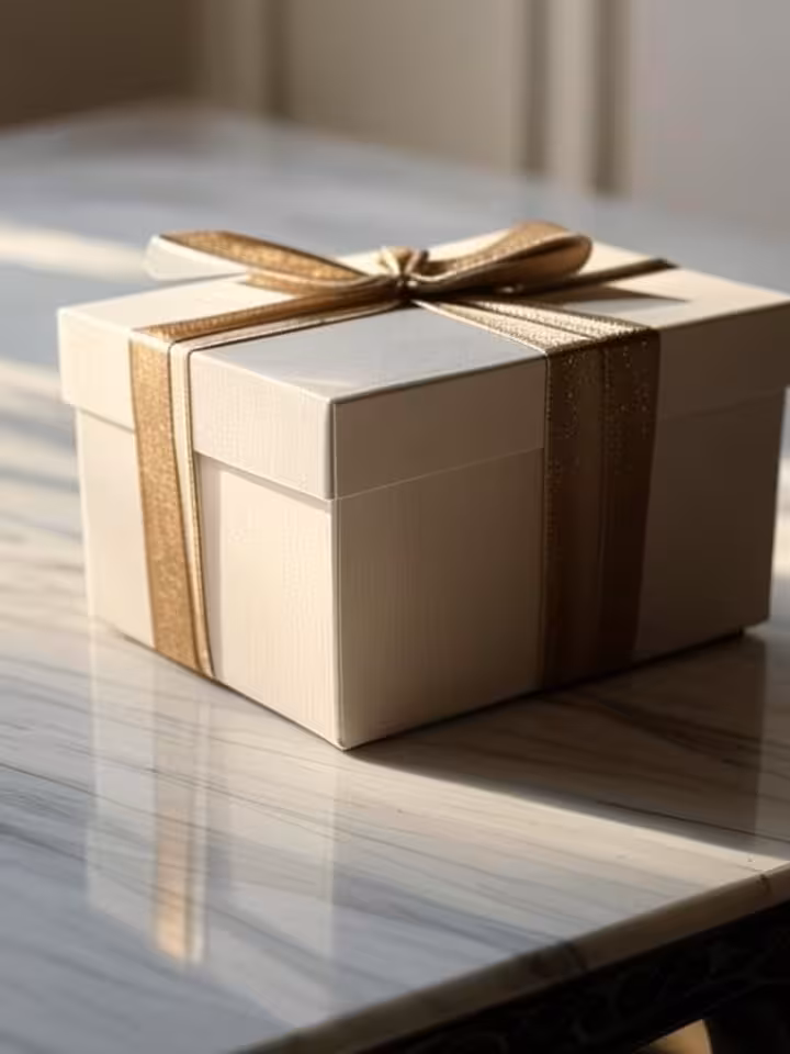 elegant gift box with luxury items on marble table, soft dramatic lighting, professional product pho