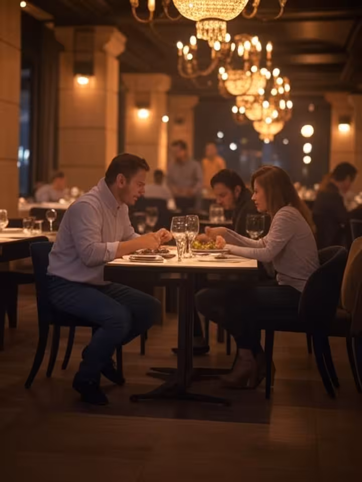 Elegant restaurant interior on Mariacka street in Katowice, warm lighting, sophisticated dining sett
