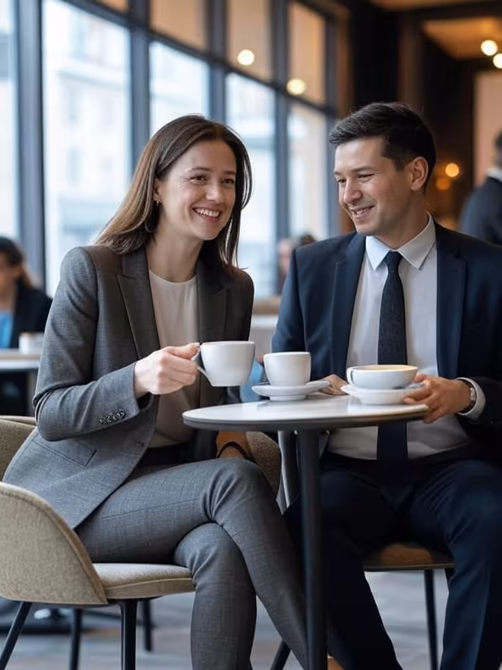 Elegant couple having coffee in upscale Warsaw cafe interior, modern sophisticated atmosphere, natur