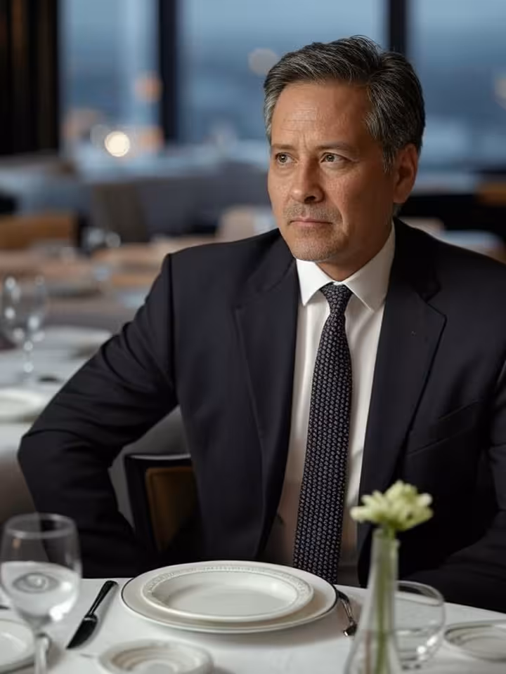 Mature professional man mid-40s at elegant restaurant table, thoughtful expression, refined ambiance