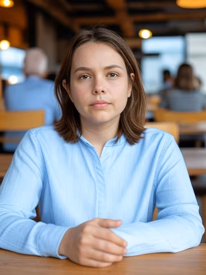 young professional woman contemplating thoughtfully in modern cafe, natural window light, documentar