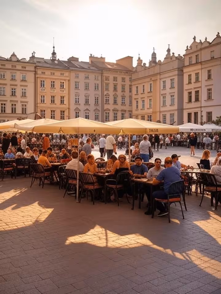 Historic Krakow Old Town market square with colorful buildings and outdoor cafe terrace, romantic Eu