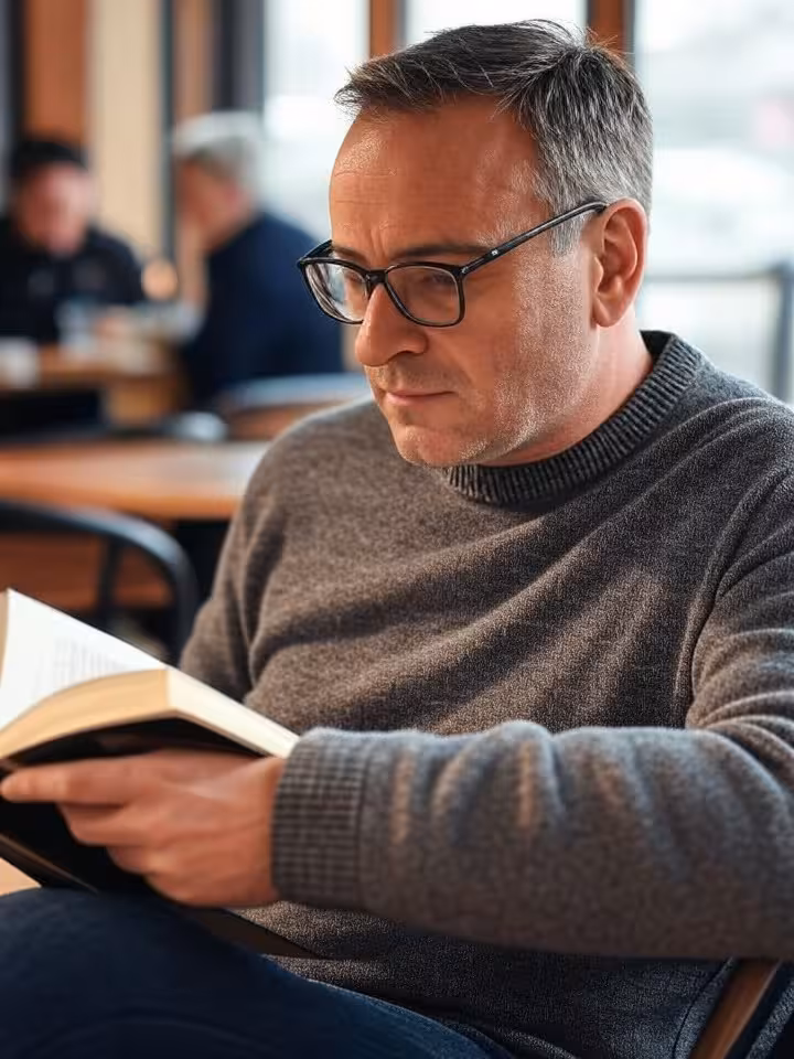 Well-groomed man in his forties reading book at stylish cafe, intellectual atmosphere, warm natural 