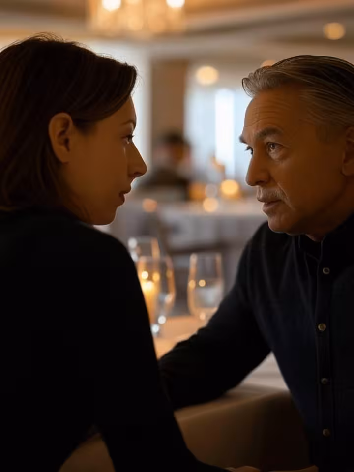 two people having serious conversation in upscale restaurant setting, cinematic lighting, lifestyle