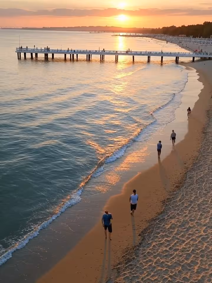 Sopot beach pier and seaside promenade during summer evening, elegant coastal resort atmosphere, sun