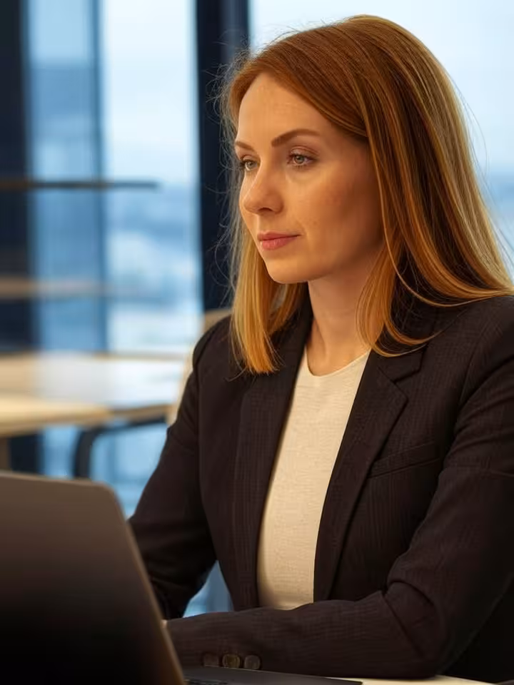 Polish woman in early 30s with light complexion and caramel hair, working on laptop in modern Warsaw