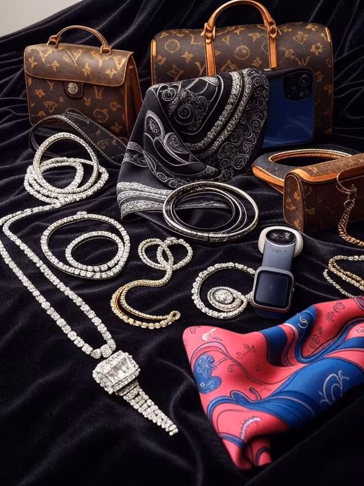 luxurious jewelry, designer accessories and tech gadgets arranged aesthetically, studio lighting, hi