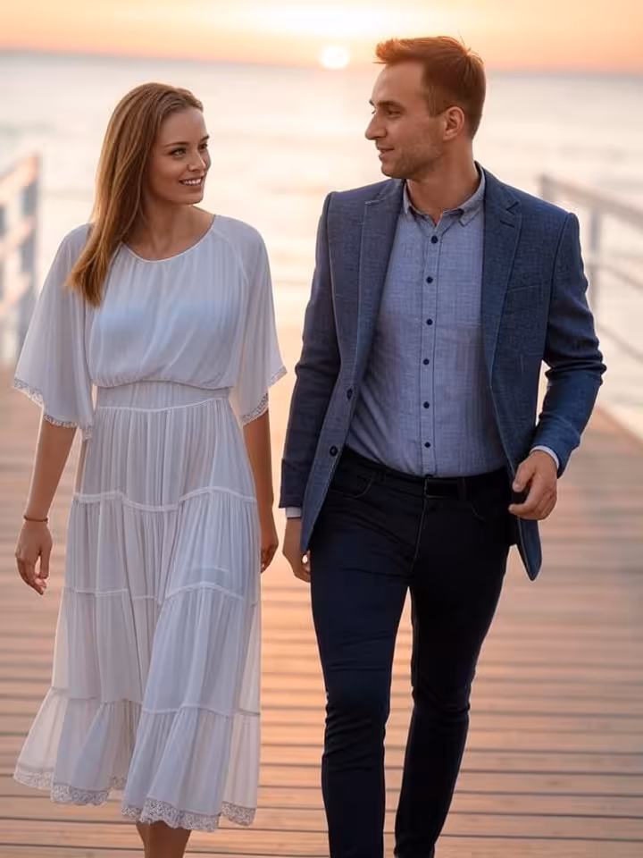 Para spacerująca i rozmawiająca na molo w Sopocie podczas zachodu słońca