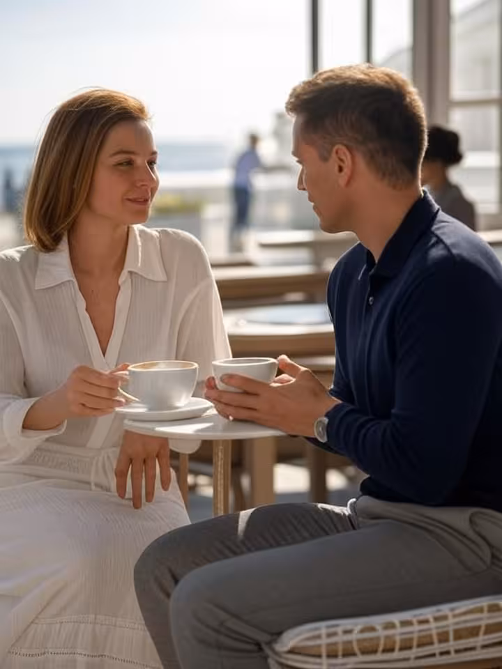 Para rozmawiająca na tarasie Grand Hotelu w Sopocie z widokiem na morze