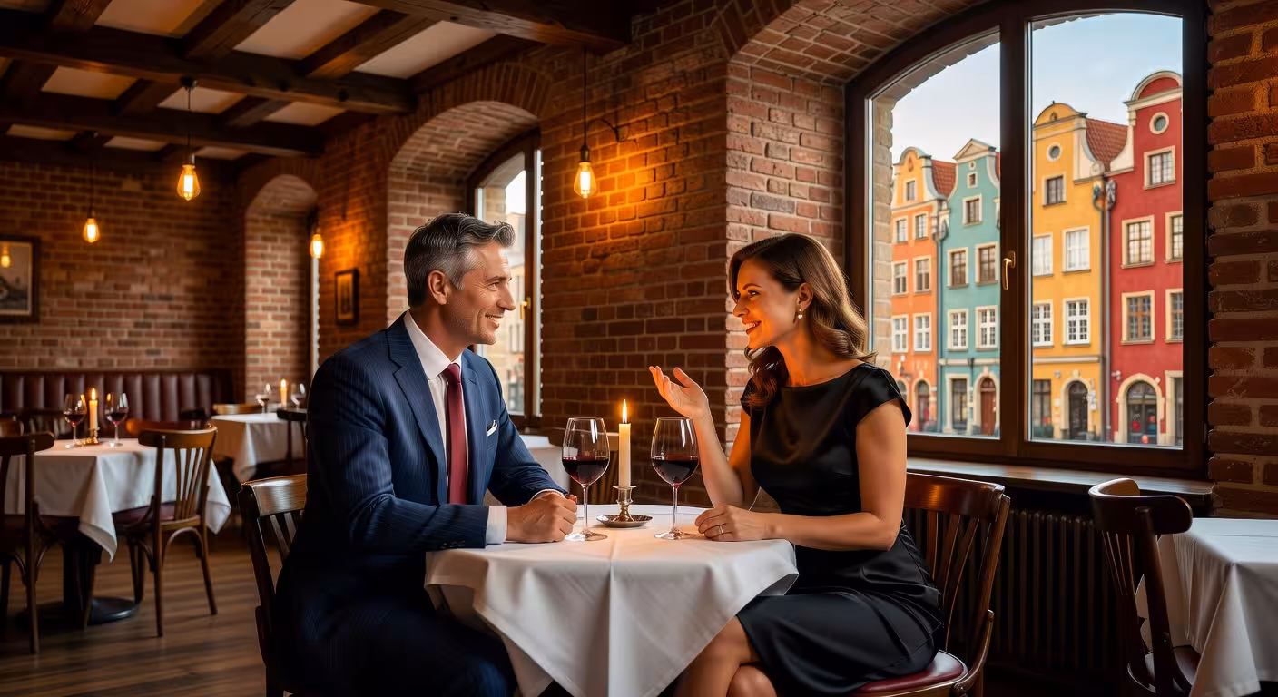 Elegancka para podczas kolacji w restauracji w Starym Mieście w Gdańsku