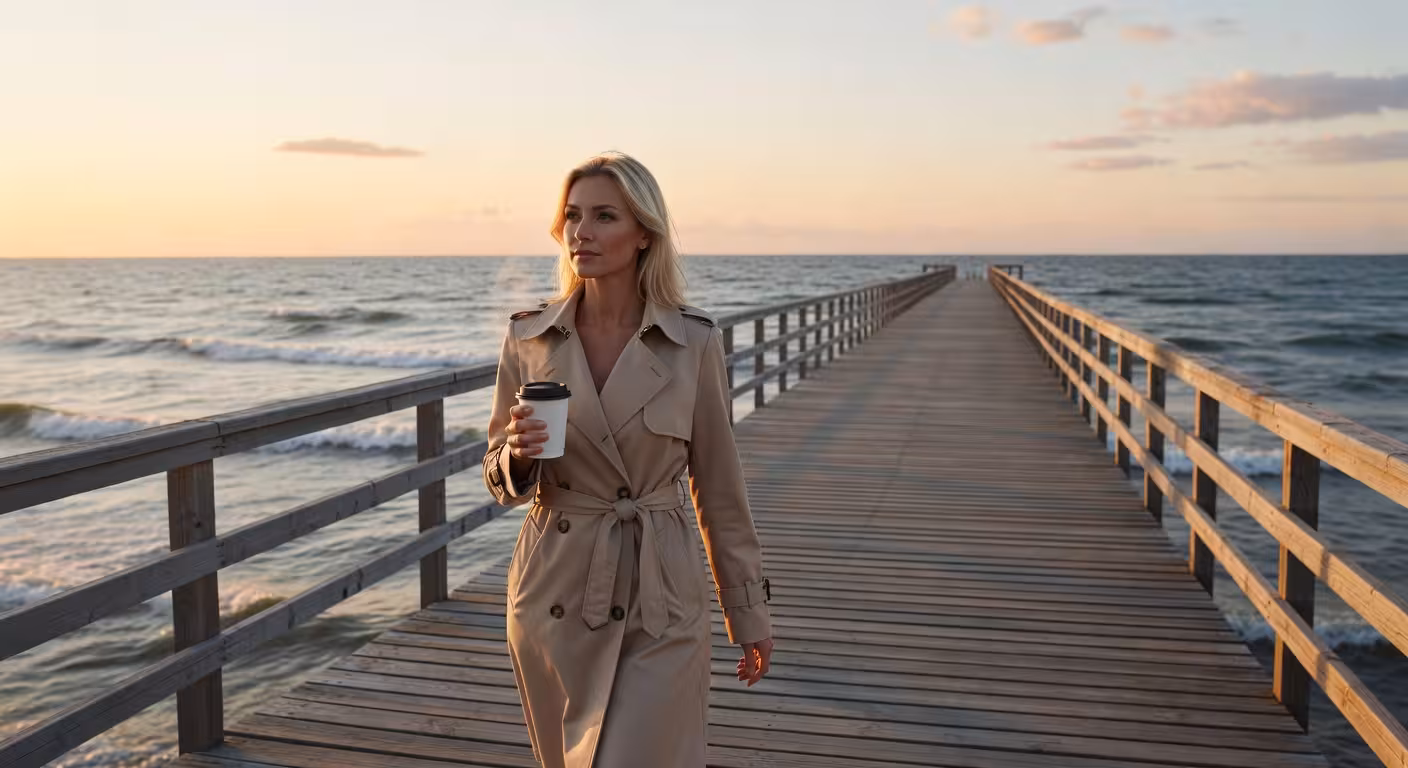 Kobieta spacerująca po molo w Sopocie o zachodzie słońca