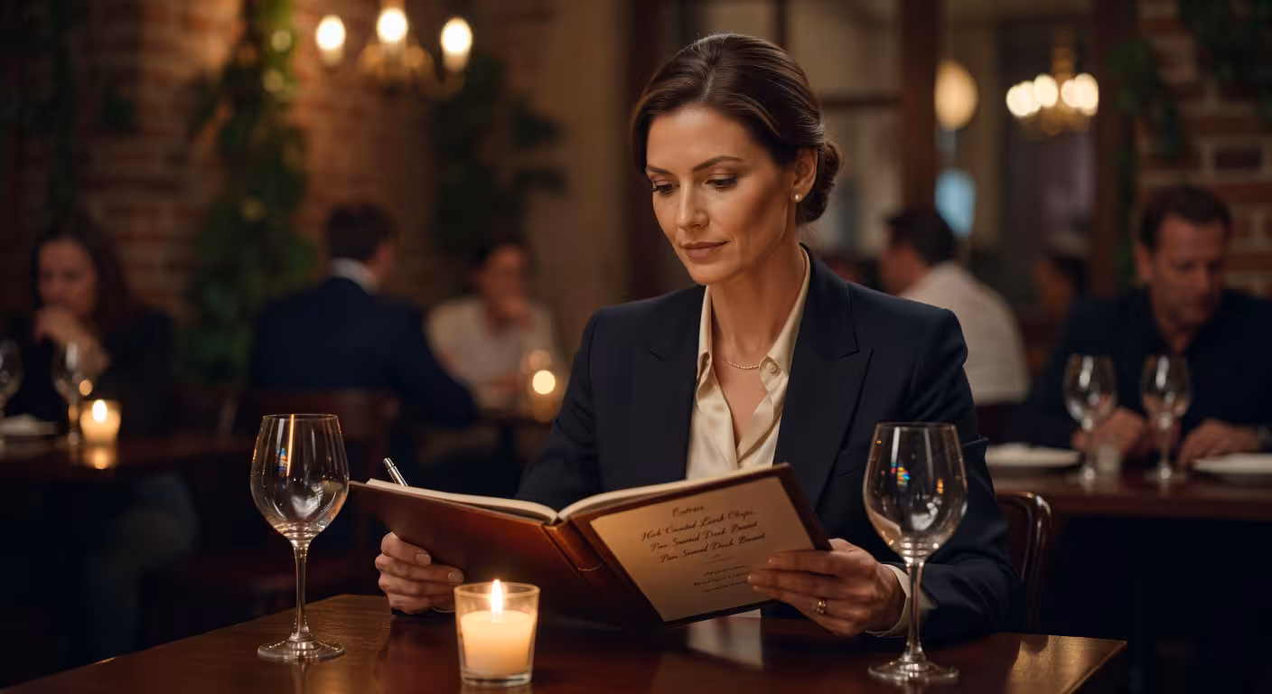 Kobieta studiująca menu w luksusowej restauracji przy świecach