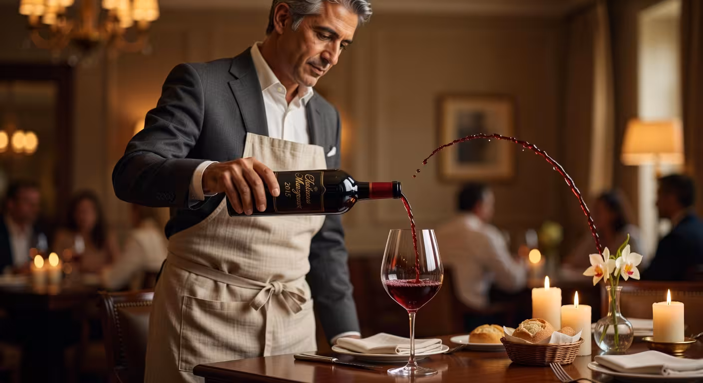 Sommelier nalewający wino do kieliszka w ekskluzywnej restauracji
